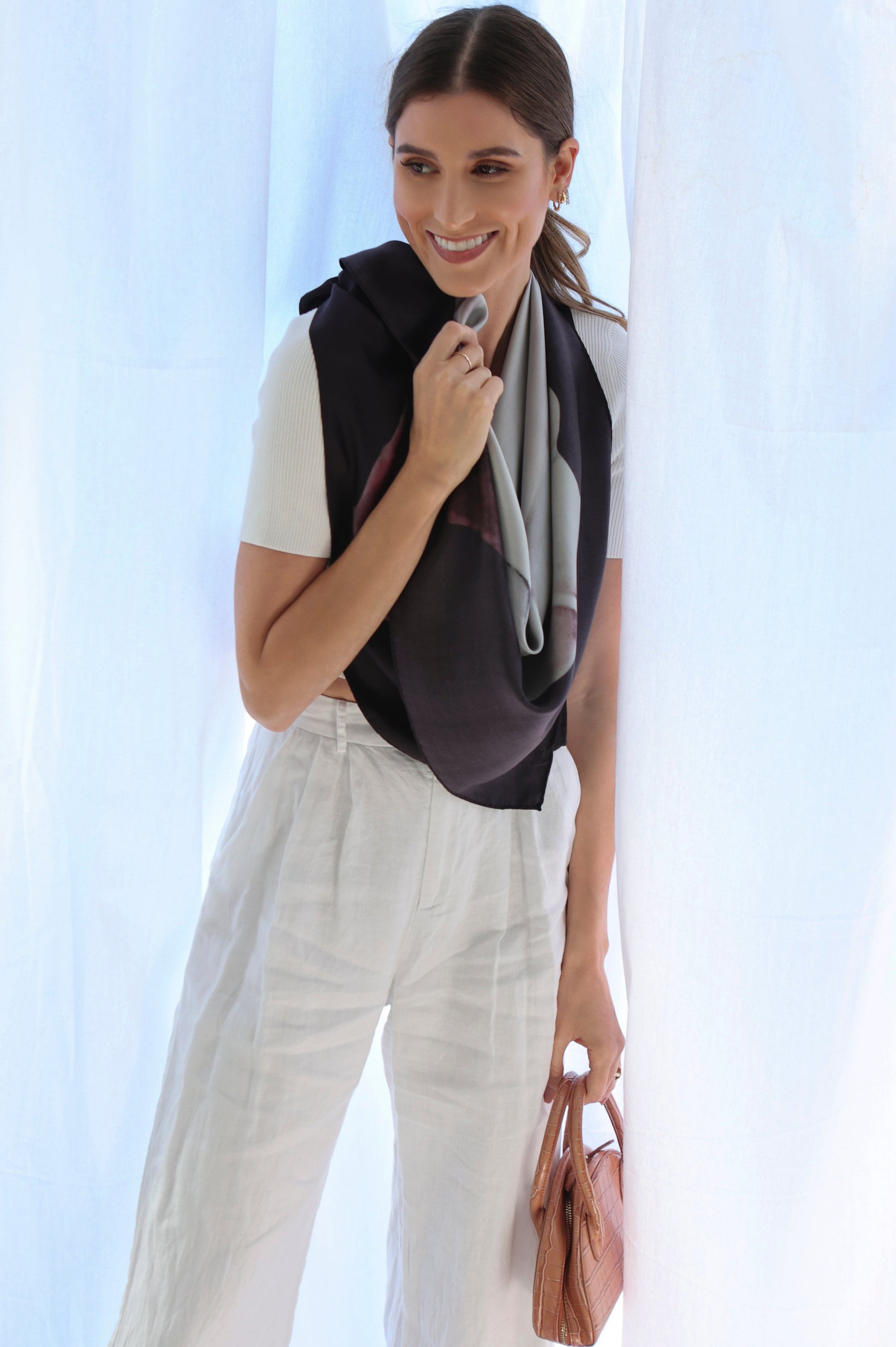 Camellia Grace silk scarf on model