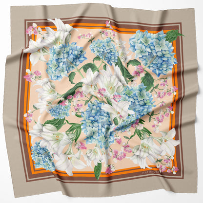 Floral Fantasy - Tan Silk Scarf