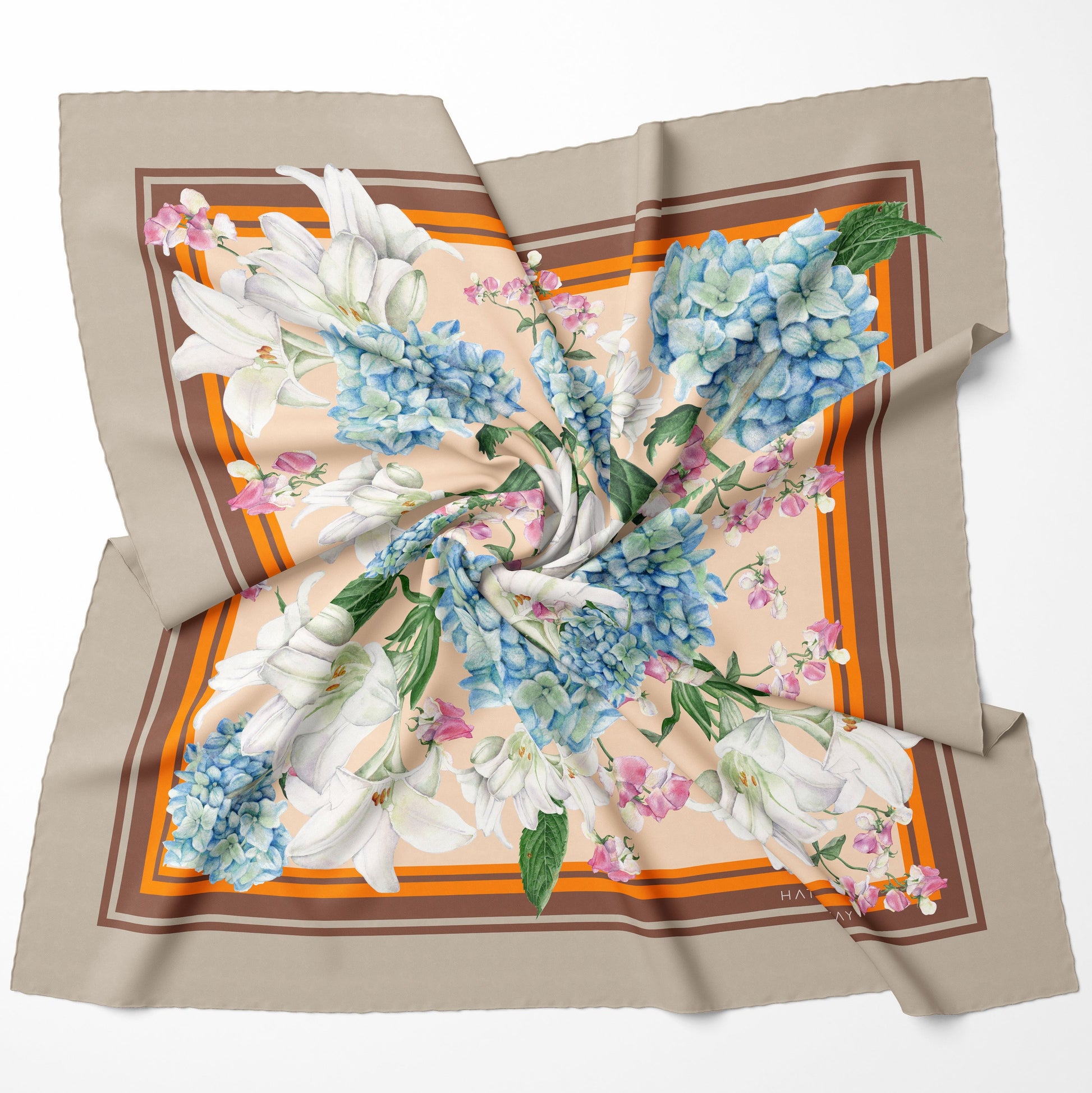 Floral Fantasy - Tan Silk Scarf 